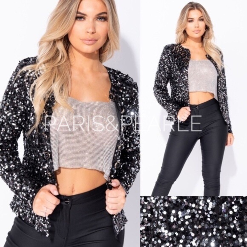Confetti Queen Black Sequin Dome Button Blazer